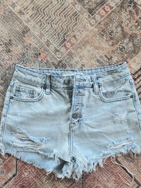 Light Blue Distressed High-Rise Denim Shorts with Button Fly